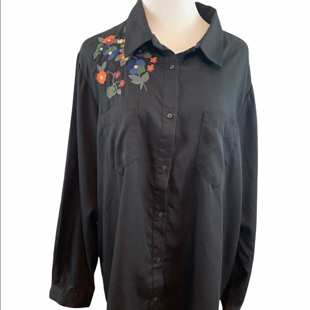 For the Republic black embroidered button down